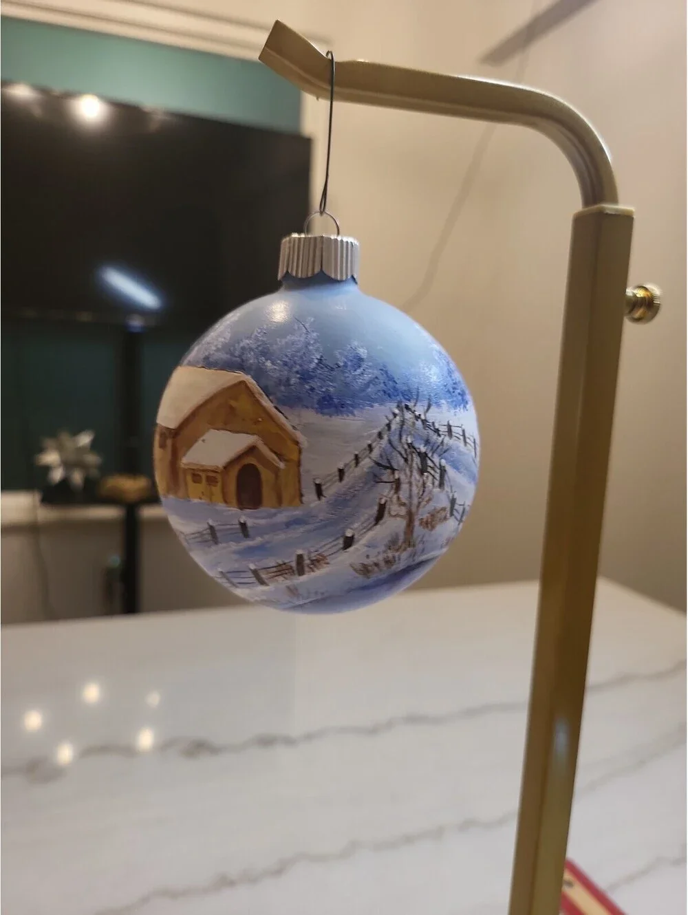 Vtg Glass Hand Painted Signed Ornament EUC Winter Snow Day Farm Scene 3.5” OOAK